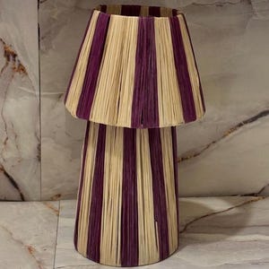 Handmade Raffia Lampshade: Purple & Beige Striped Boho Decor