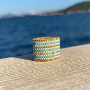 TURQUOISE RING 13: made from miyuki delica beads, combination of opaque and shiny turquoise and metallic beads.