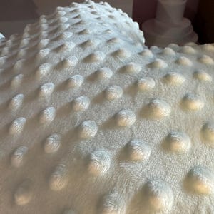 Può includere: Primo piano di una coperta bianca, strutturata con un motivo a pois minky. La coperta ha un aspetto morbido e felpato, con punti in rilievo uniformemente distanziati sulla sua superficie. Il colore generale è un bianco crema chiaro.