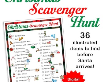 May include: A Christmas Scavenger Hunt checklist featuring 36 illustrated items to find, including Santa Claus, a gingerbread man, and a snow globe. The document has a red and green plaid border and includes the text 36 illustrated items to find before Santa arrives! and Digital Download.