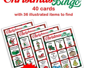 May include: A Christmas Bingo game set featuring 40 cards with 36 illustrated items to find. The cards have a red and green plaid border and include images like Santa Claus, a snowman, and a Christmas tree. The text reads Christmas Bingo.