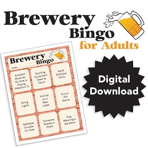 Op de afbeelding: Een Brewery Bingo-spelkaart met een bakstenen achtergrond, met bingovakken met biergerelateerde prompts. De woorden "Brewery Bingo for Adults" staan bovenaan, met een digitale download-afbeelding. De kaart bevat prompts als "Ambient Musician" en "Dog Wearing a Bandana."