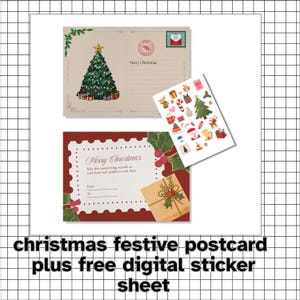 May include: Christmas-themed postcards with a festive tree and holiday stickers. The postcards feature a Christmas tree, gifts, and the words "Merry Christmas." A digital sticker sheet is also included.