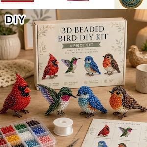 May include: A 3D beaded bird DIY kit featuring a box with illustrations of four birds, four finished beaded bird figures, a plastic container with assorted colored beads, a spool of clear thread, a metal needle, scissors, and an instruction sheet.