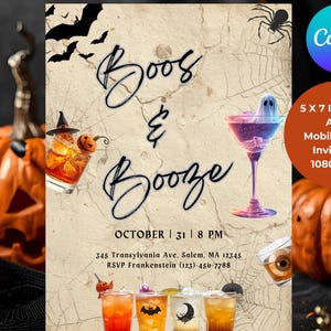 Vintage Halloween Party Invitation: Boos & Booze Canva Printable and Mobile Animated Invite Template
