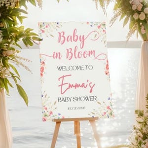 Baby in Bloom Baby Shower Welcome Sign, Floral Pink Wildflower Baby Shower Editable Sign Decoration, Boho Baby Girl Baby Boy Sign Decor