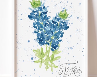 Texas Bluebonnet Watercolor Art- 8x10 Print