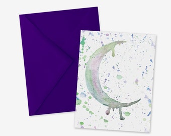 Iridescent Crescent Moon Watercolor Card, Witchy Stationery