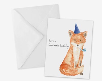 Fox Birthday Card, Party Animal, Watercolor Illustration