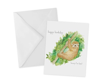 Watercolor Sloth Belated Birthday Card, Cute Animal Stationery