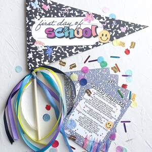 DIY erster Schultag Wimpel Party Flagge, buntes Aquarell, sofortiger Download, Schule Flagge zum Ausdrucken, Retro 90er Jahre zusammengesetztes Notizbuch