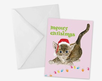 Meowy Christmas Card, Watercolor Kitten, Santa Cat