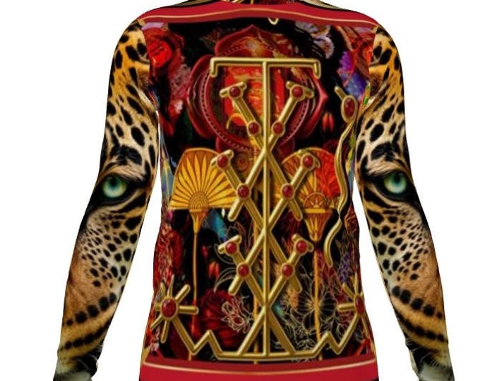 Shango Turtleneck: Divine Power, Leopard Print, Red & Gold