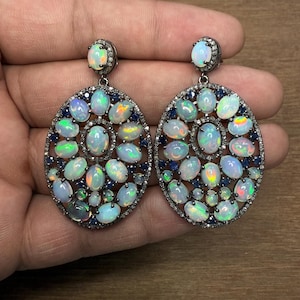 Ethiopian Opal Drop Earrings: Sterling Silver, Diamond & Blue Sapphire Jewelry
