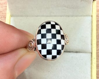 Checkerboard Ring - Onyx 925 Silver Ring - Checkered Dainty Ring - Everyday Silver jewelry - Gift for Her
