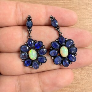 Blue Sapphire Dangle Earrings: Sterling Silver, Welo Opal, Diamond Accents