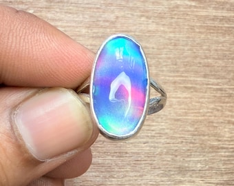 Aurora Opal Ring, 925 Sterling Silver Ring, Fire Opal Doublet Ring, Statement Ring, Anniversary Gift For Her