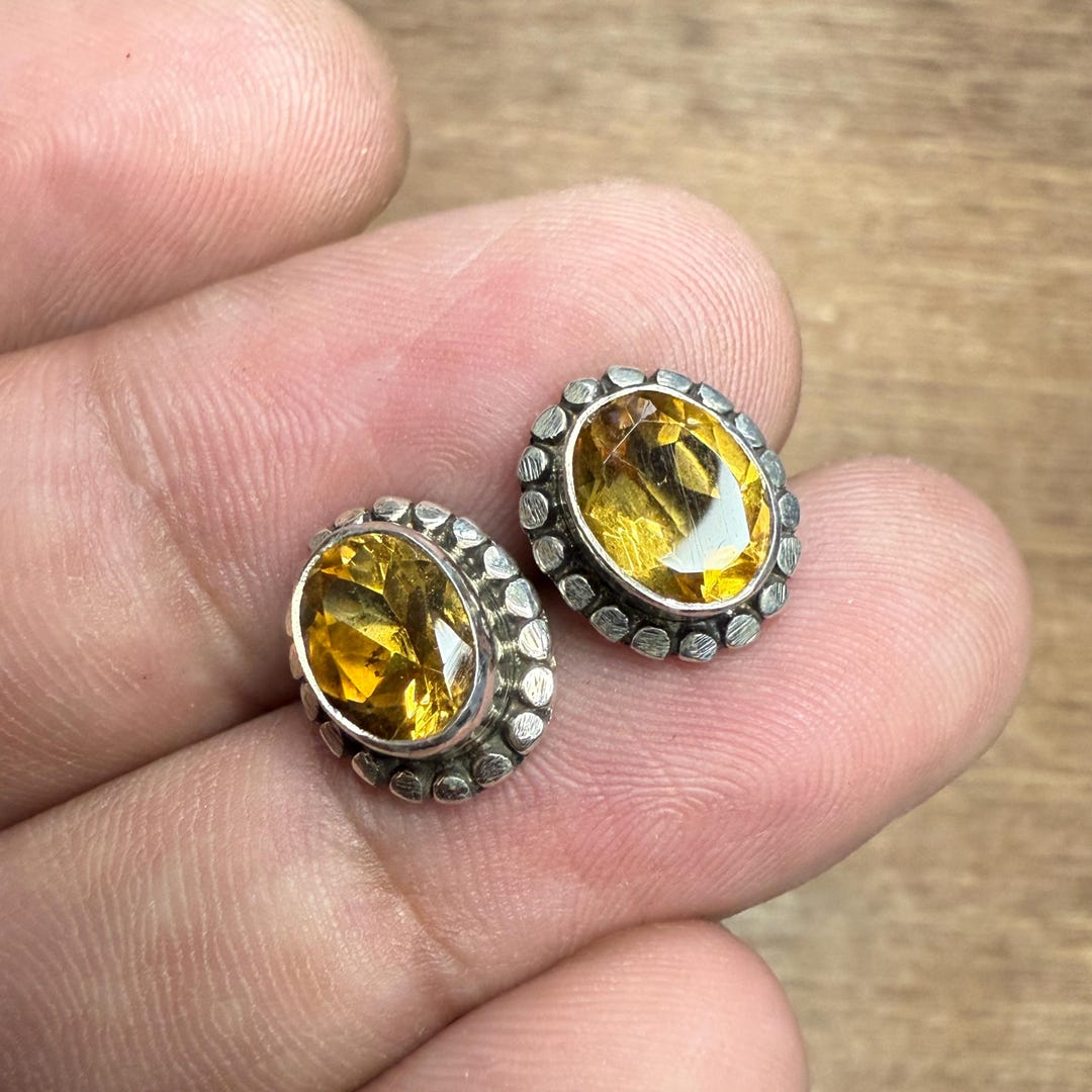 天然シトリンスタッドピアス、925スターリングシルバーピアス 