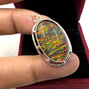 Black Aurora Opal Pendant, 925 Sterling Silver Necklace, Dainty Minimalist Jewelry, Handmade Statement Necklace, Gilson Opal Jewelry