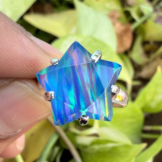 Star Dainty Ring, Vintage 925Silver Ring, Aurora Opal Jewelry, Women's Ring, Gift For Her