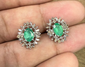 Emerald Stud Earrings, 925 Silver Genuine Diamond Earrings, Stud Earrings, Dainty Earrings, Minimalist Jewelry, Gift For Her