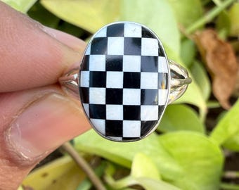 925 Sterling Silver Ring, Black Onyx Chekcerboard Dainty Ring, Boho Handmade Jewelry, Gift For Wife