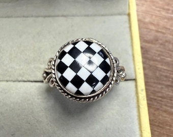 925 Sterling Silver Ring, Black Onyx Checkerboard Ring, White Opal Checkered Dainty Minimalist Jewelry, Everyday Silver Ring, Gift For Her