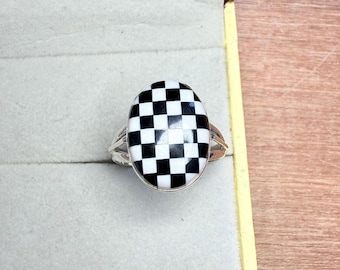 925 Sterling Silver Ring, Onyx Checkerboard Ring, Minimalist Handmade Jewelry, Birthday Gift For Her