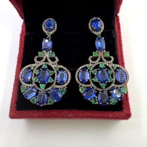 Kyanite & Pave Diamond Sterling Silver Earrings: Boho Emerald Dangle
