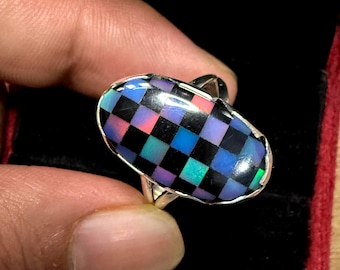 Handmade 925 Sterling Silverr Ring, Checkerboard Aurora Opal Ring, Vintage Silver ring, Promise Ring, Gift For Her
