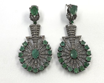 Natural Emerald & Rose Cut Diamond Drop Dangle  Earrings – 925 Sterling Silver Black Oxidized, Victorian Handmade Jewelry