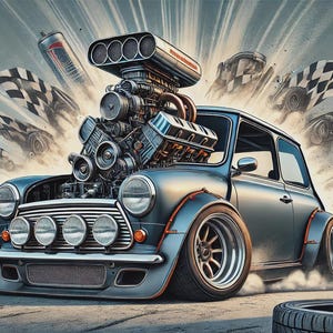 Puede incluir: Ilustración de un coche clásico modificado con un motor grande, corriendo en una pista. El coche es gris con detalles cromados y ruedas grandes. Banderas a cuadros y otros coches están en el fondo, sugiriendo velocidad y competición.