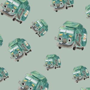 May include: Watercolor illustration of a repeating pattern of green cartoon trucks with smiling faces. The trucks have yellow and white accents and are set against a muted green background. The trucks are angled in various directions.