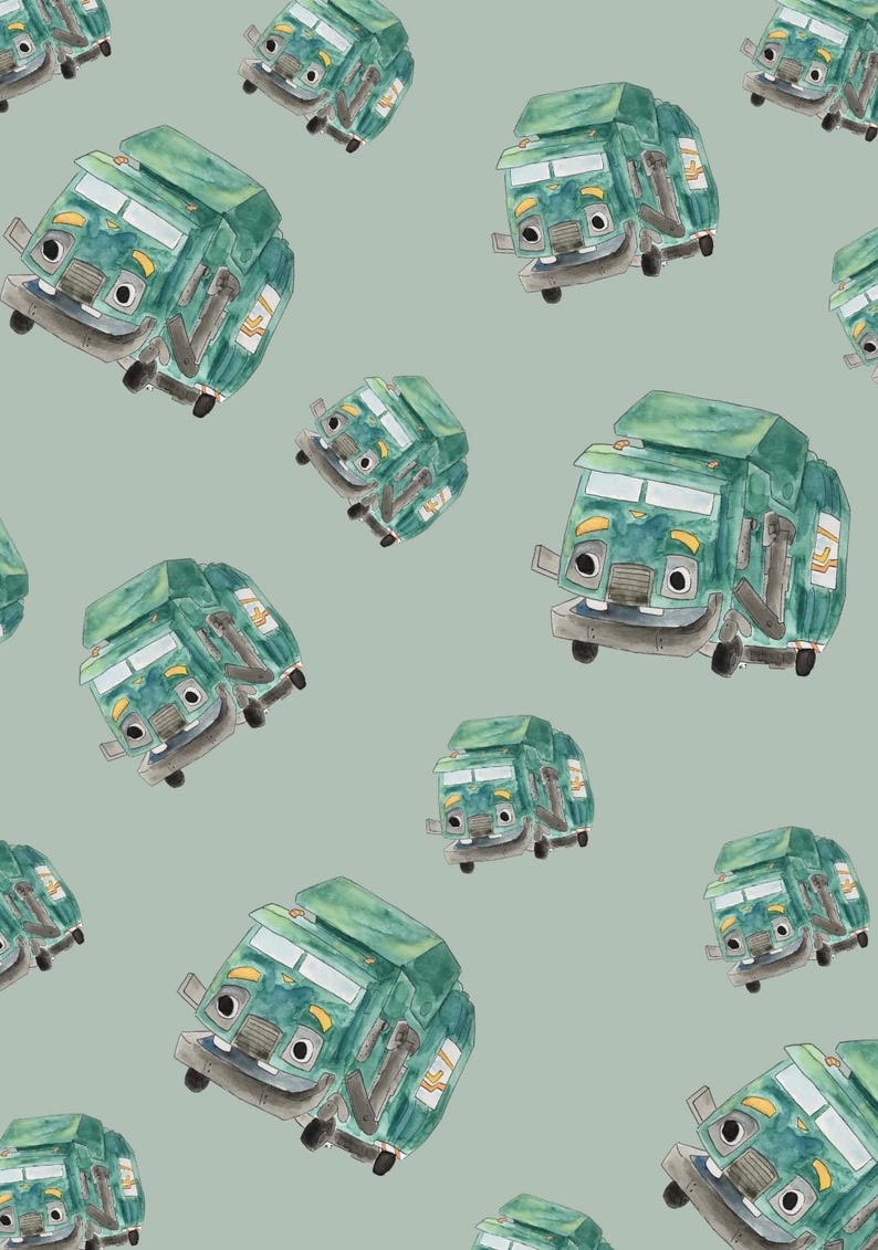 May include: Watercolor illustration of a repeating pattern of green cartoon trucks with smiling faces. The trucks have yellow and white accents and are set against a muted green background. The trucks are angled in various directions.
