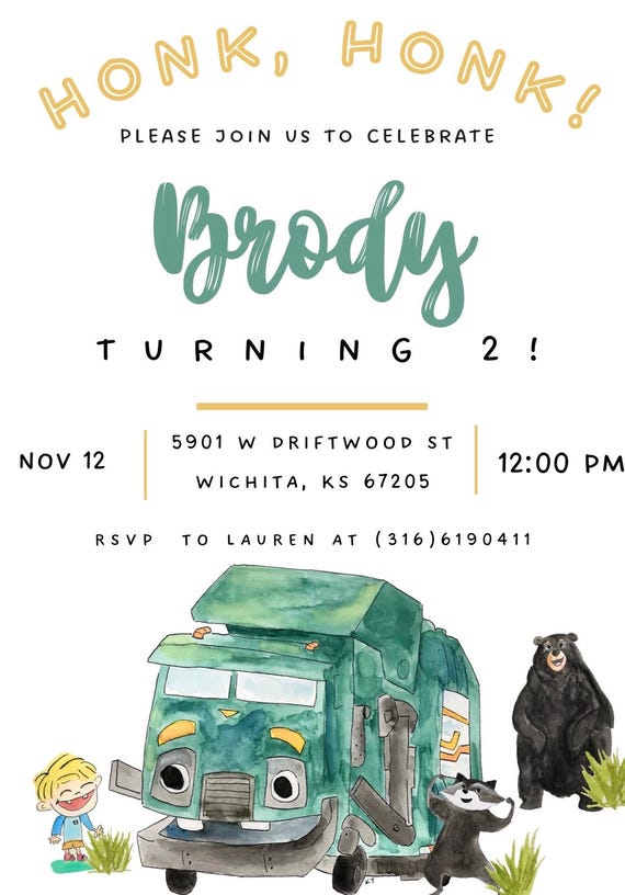 Trash Truck Birthday Invite