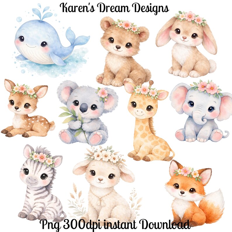 Baby Animals Clipart Bundle, Cute Watercolor Nursery Animals PNG ...