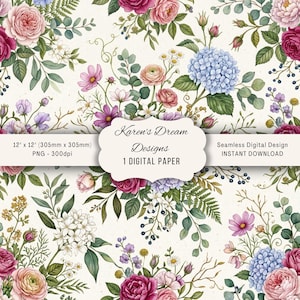Peut inclure: Un motif de papier numérique sans couture avec des roses, des hortensias et d'autres fleurs dans des tons de rose, de violet et de bleu. Le motif mesure 305 mm x 305 mm et comprend le texte "Karen's Dream Designs".