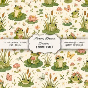 Puede incluir: Un patrón digital sin costuras con ranas verdes, flores de loto rosas, setas, libélulas y mariposas sobre un fondo crema. La etiqueta central dice Karen's Dream Designs, 305mm x 305mm, PNG - 300dpi, Seamless Digital Design, INSTANT DOWNLOAD.