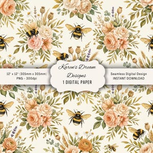 Bee & Floral Seamless Pattern PNG, Cottagecore Digital Paper, Watercolor Bumble Bee Pattern, Peach Rose Repeat Tile, Fabric Wallpaper Design