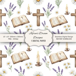 Christelijk naadloos patroon png, bijbel kruis lavendel madeliefje aquarel herhalen, Faith Cottagecore digitaal papier, religieus stoffenbehang