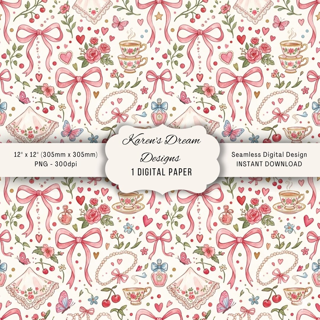 Coquette Seamless Pattern PNG, Pink Bow Floral Digital Paper, Vintage ...