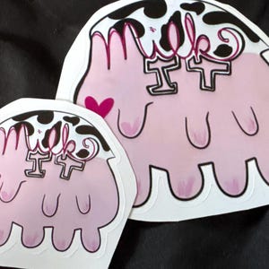 cute milk it sticker hand drawn original artwork homemade printed and cut cow bovine adorable art pink cow milk udders