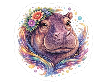 Floral Hippo Sticker | Watercolor Animal Art, Laptop Decal