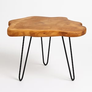 Solid Wood Side Table with Natural Edges - Rustic & Modern Style, Black Metal Hairpin Legs, Unique Coffee Table