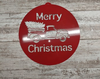 Merry Christmas Vintage Truck Metal Sign - Custom Metal Sign - Hot Rod Truck - Christmas Tree Sign, Truck Sign