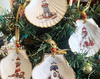 Lighthouse Scallop Shell Christmas Ornament, Coastal Holiday Decor