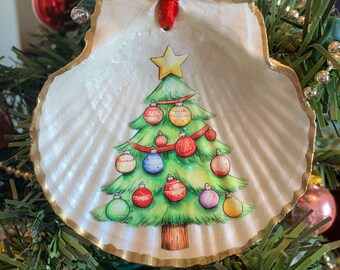 Christmas Tree Scallop Shell Ornament: Coastal Beach Tree Decor