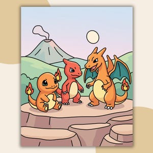 Cute Charmander Evolution Fan Art | Pokemon Digital Download | Chibi Fire Starter Printable | Kawaii Wall Art