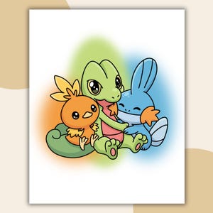 Pode incluir: Uma ilustração digital apresentando três personagens de desenho animado: um personagem laranja semelhante a um pássaro, um personagem verde semelhante a um lagarto e um personagem aquático azul com barbatanas laranja nas bochechas.