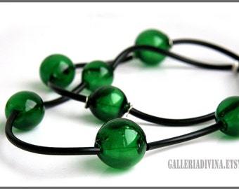 Dark green and black blown glass rubber necklace -Glass bubbles - statement necklace - Green and black - Spheres necklace - Murano glass